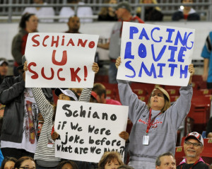 Fact: There were more "Fire Schiano" signs than touchdowns for the Buccaneers tonight. (Photo credit: Al Messerschmidt/Getty Images)