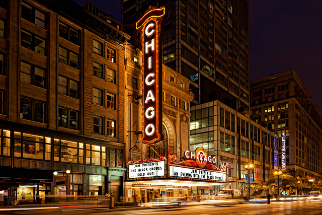 Chicago Theater illuminated at night